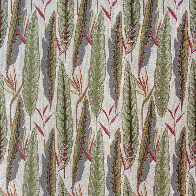 Vertical leaf-stripe fabric in sage green, grey and berry pink