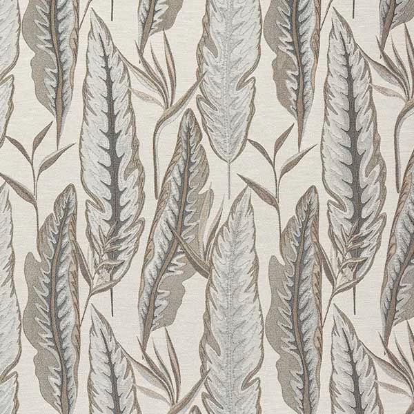 Leaf-pattern fabric in soft dove grey, taupe and silver on a pale ground