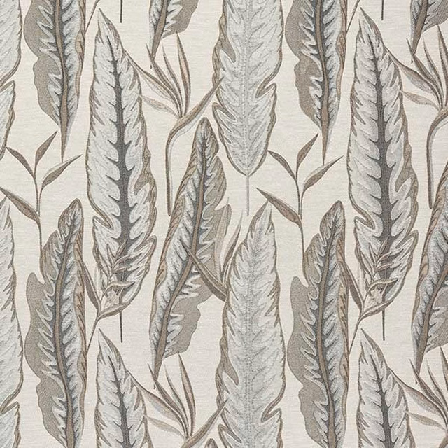 Leaf-pattern fabric in soft dove grey, taupe and silver on a pale ground