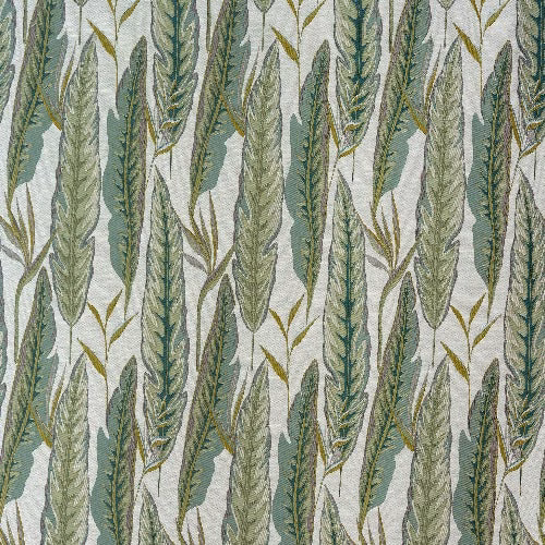 Sage and olive botanical stripe fabric on a pale ground, with feathered leaf stems