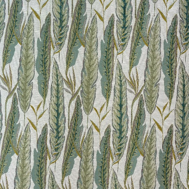 Sage and olive botanical stripe fabric on a pale ground, with feathered leaf stems