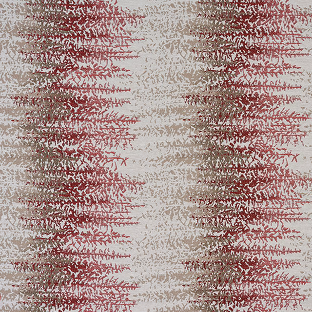 Beige fabric with vertical raspberry-red broken stripe pattern and textured weave