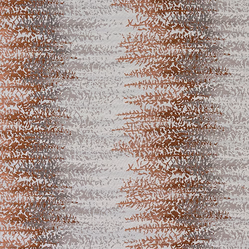 Abstract terracotta brush marks on a pale grey-and-white fabric swatch