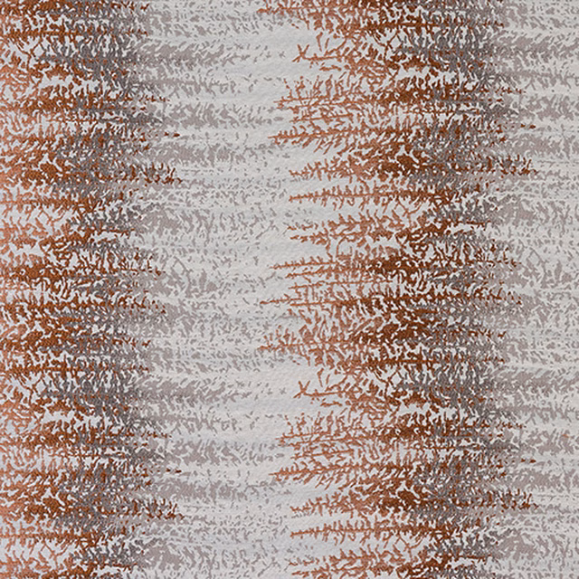Abstract terracotta brush marks on a pale grey-and-white fabric swatch
