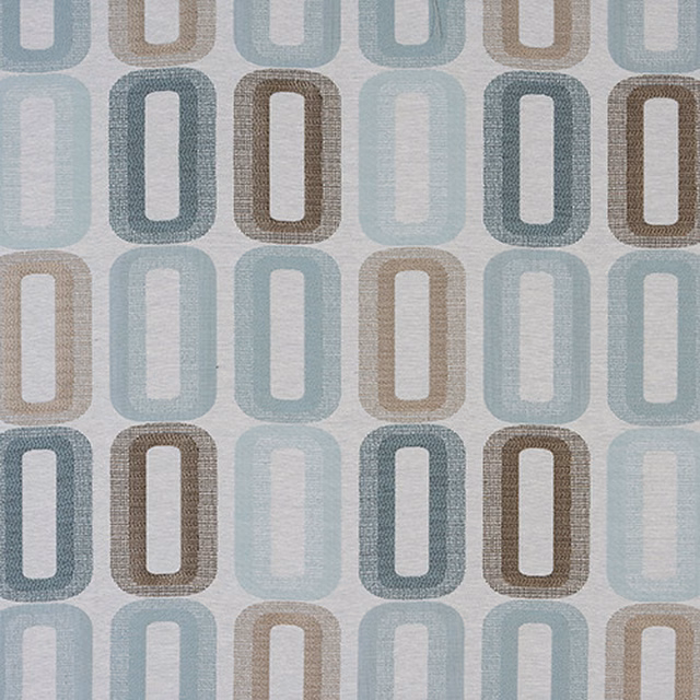 Duck egg blue geometric fabric with ivory rounded rectangles and taupe outlines