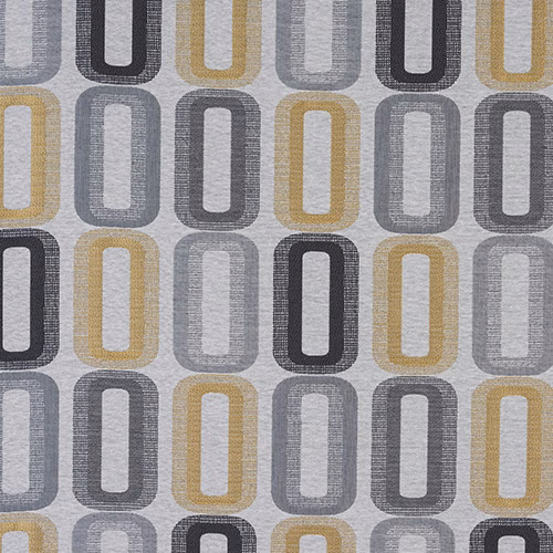 Grey woven fabric with ochre and charcoal rounded rectangular geometric loops