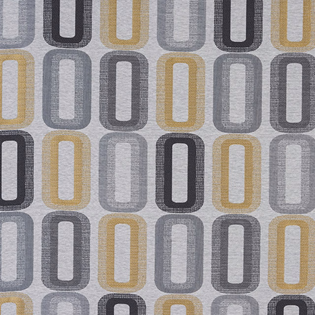 Grey woven fabric with ochre and charcoal rounded rectangular geometric loops