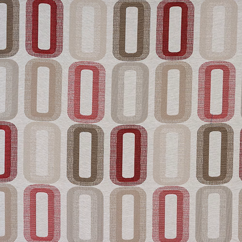 Geometric woven fabric with rosso red, taupe and ivory rounded rectangles