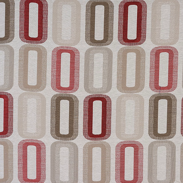 Geometric woven fabric with rosso red, taupe and ivory rounded rectangles