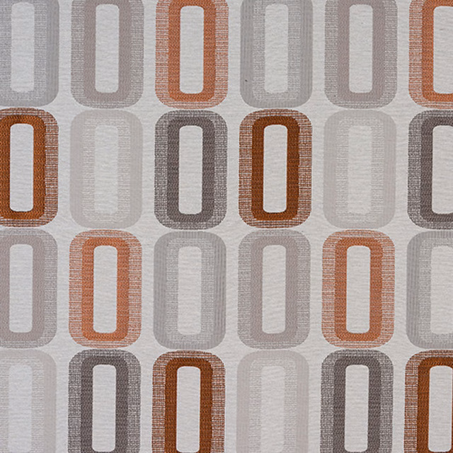 Geometric woven fabric with terracotta, grey and cream rounded rectangle motifs