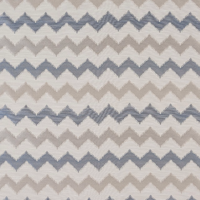 Blue and neutral chevron woven fabric swatch with soft textured bands