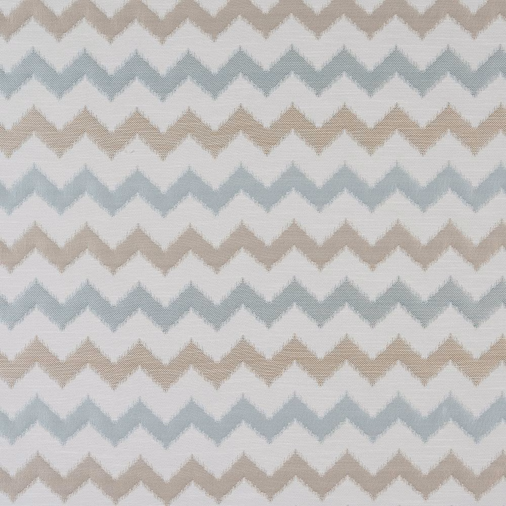 Pale duck egg and beige zigzag woven fabric on an off-white ground