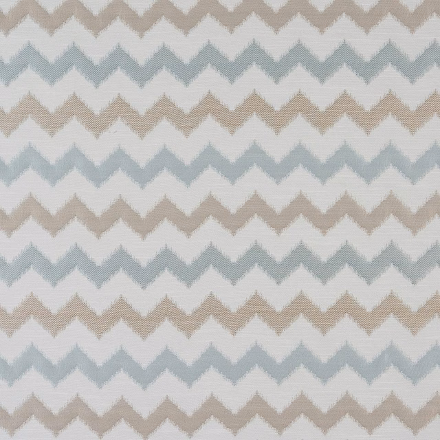 Pale duck egg and beige zigzag woven fabric on an off-white ground
