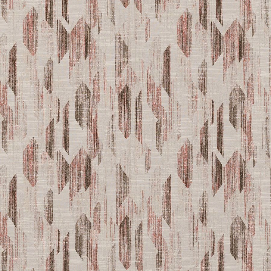 Geometric woven fabric in burnt sienna, blush and taupe on a pale ground