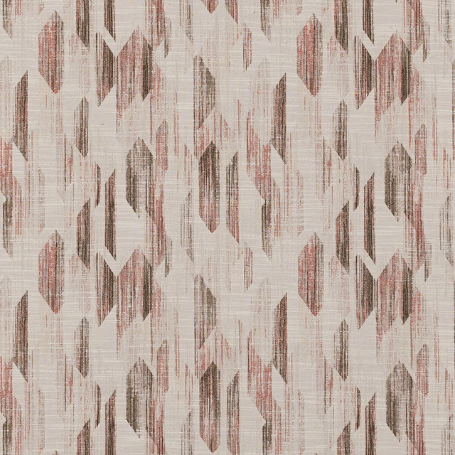 Geometric woven fabric in burnt sienna, blush and taupe on a pale ground