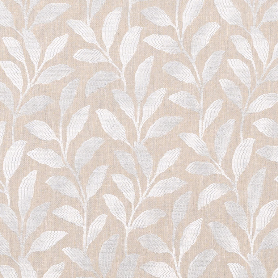 Soft beige woven fabric with ivory leaf vine pattern and fine texture