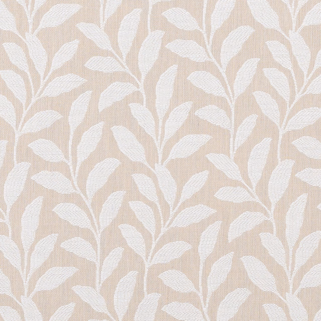 Soft beige woven fabric with ivory leaf vine pattern and fine texture