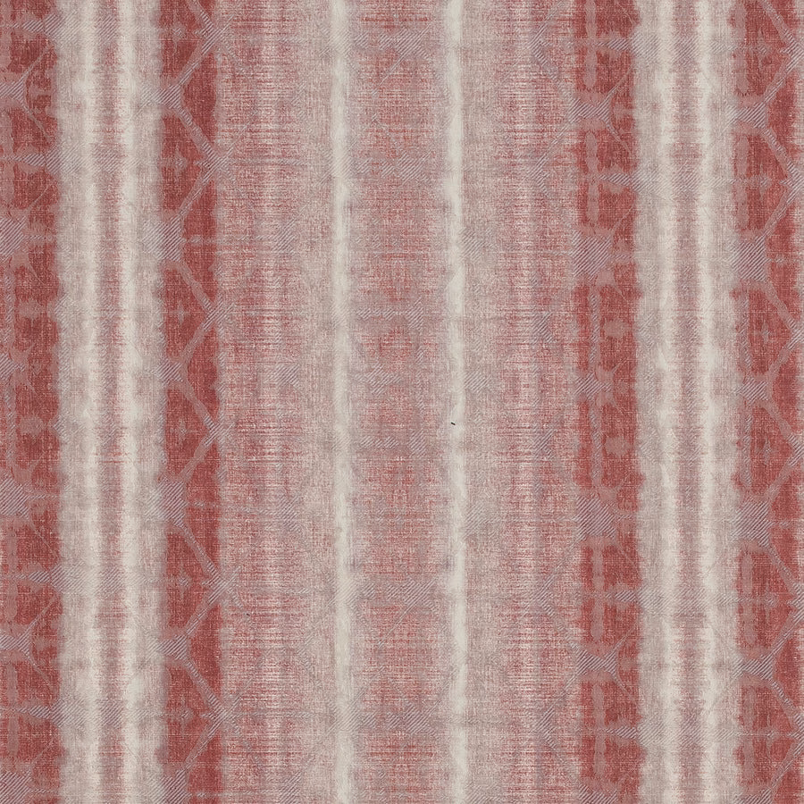 Faded red and blush vertical stripe fabric with pale ivory bands and linen-like weave