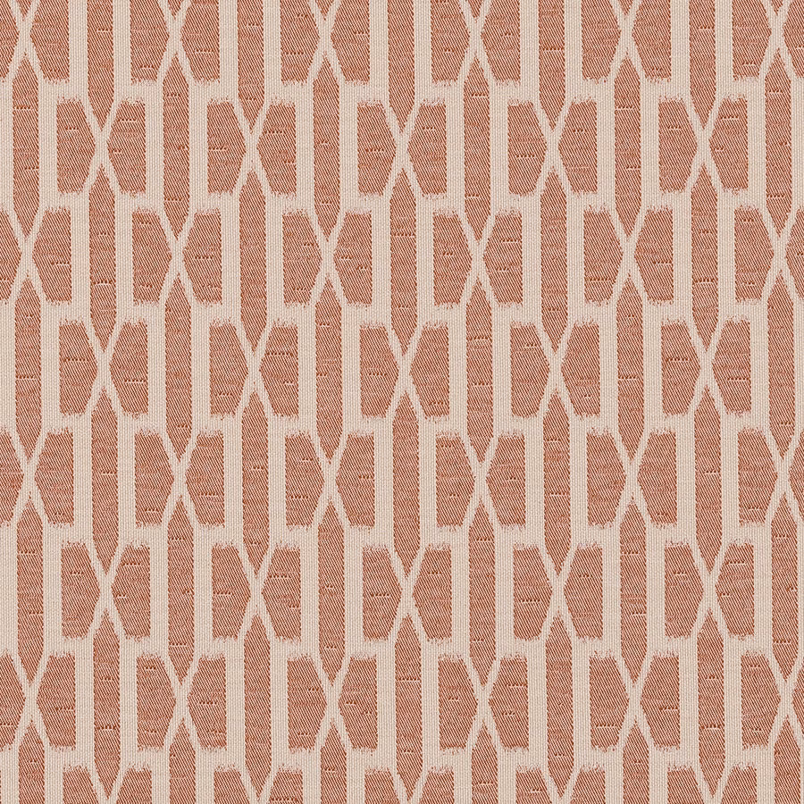 Terracotta geometric woven fabric on a pale cream ground, repeating column pattern