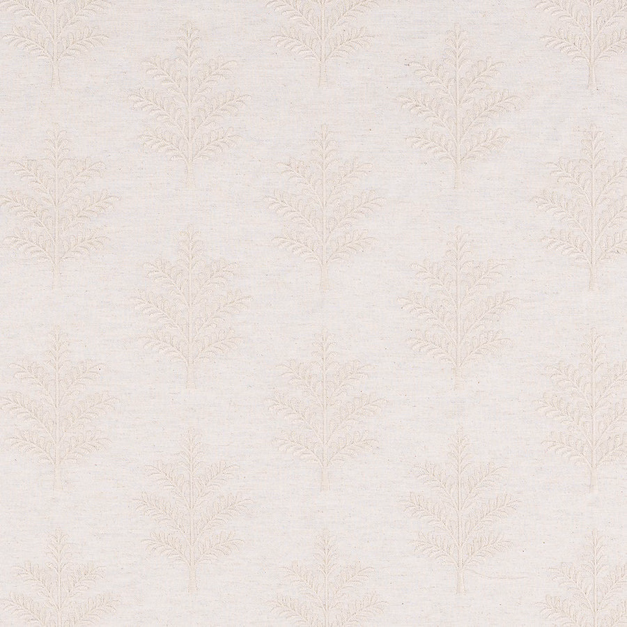 Pale ivory fabric with a subtle feathered botanical repeat and soft woven texture