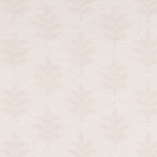 Pale ivory fabric with a subtle feathered botanical repeat and soft woven texture