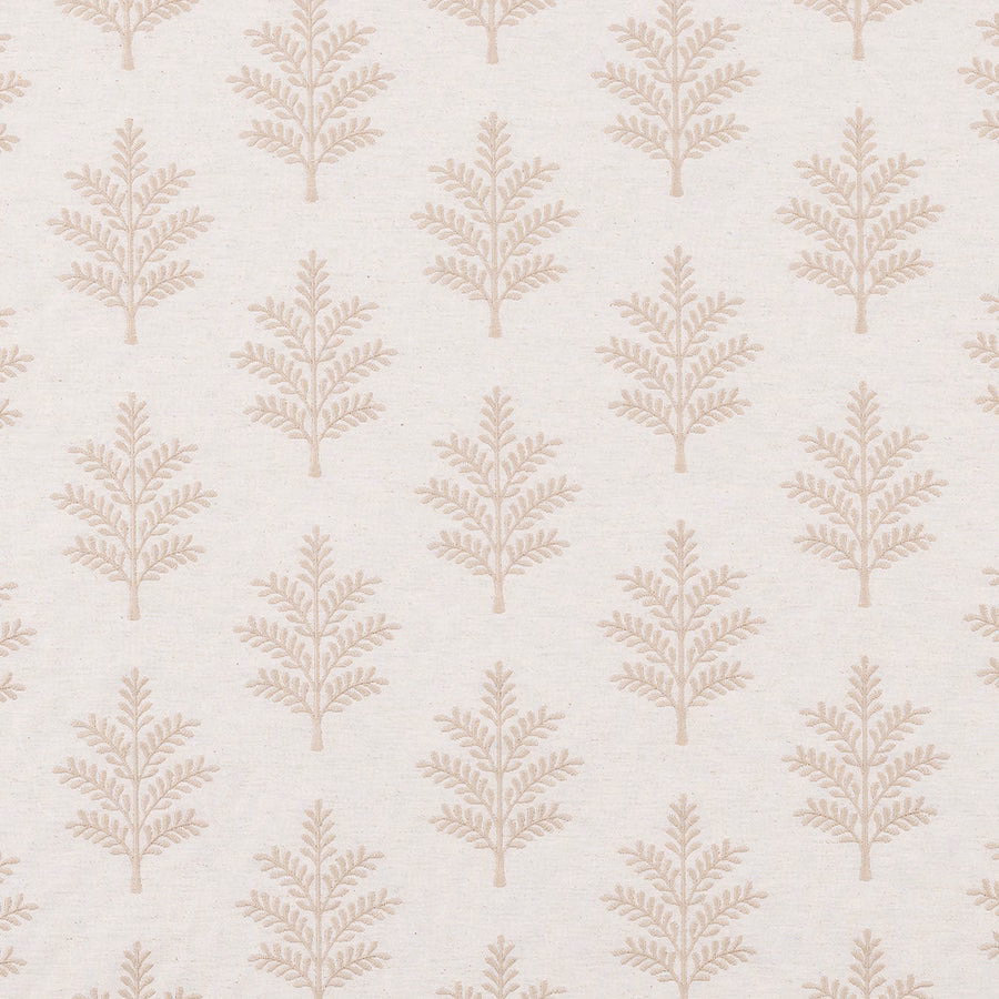 Pale cream fabric with repeating delicate leaf tree motifs on an ivory ground