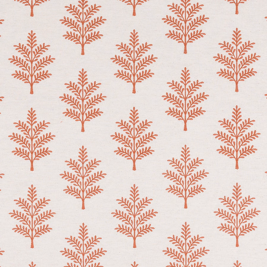 Terracotta botanical tree motif on a pale cream woven fabric background