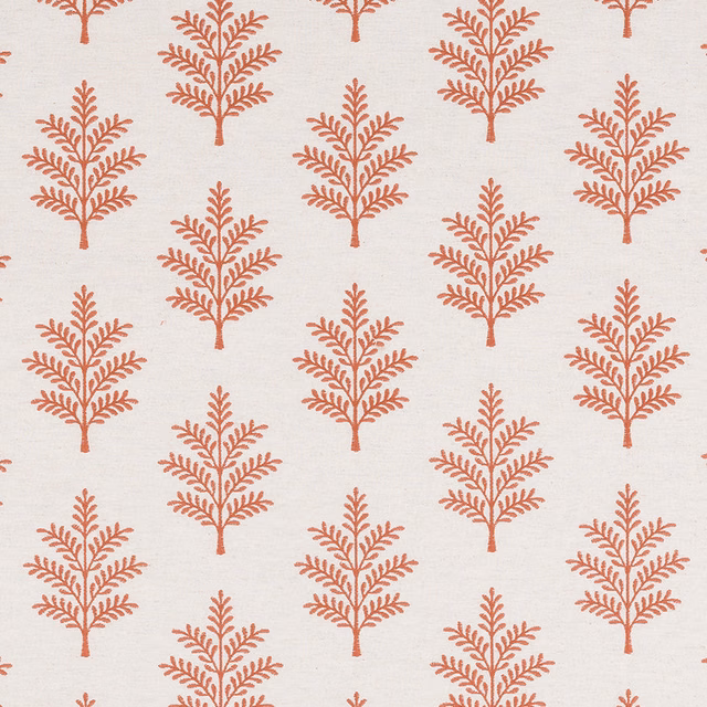 Terracotta botanical tree motif on a pale cream woven fabric background