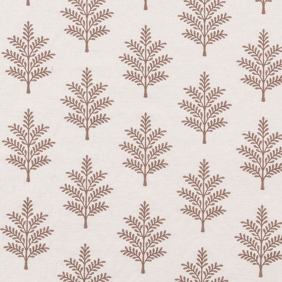 Pale ivory fabric with small taupe tree motifs in an even repeating pattern