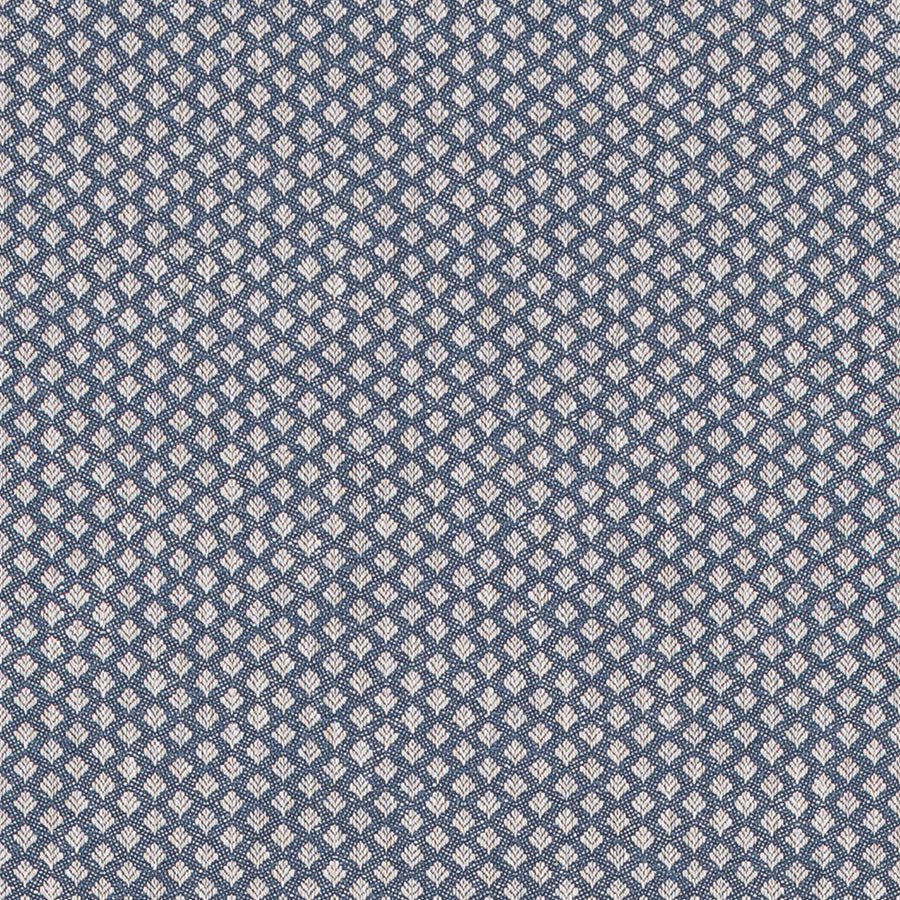 Small pale damask motif on a muted indigo blue woven fabric