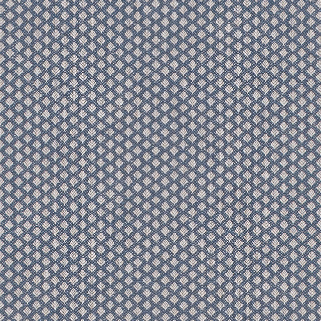 Small pale damask motif on a muted indigo blue woven fabric