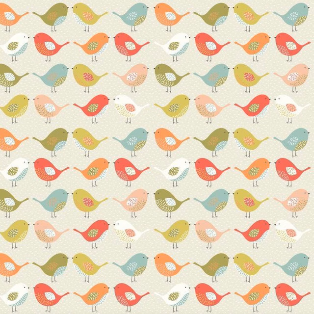 Printed cotton swatch with rows of multicolour stylised birds on a pale ground