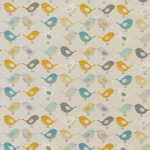 Pale cotton fabric with scattered birds in ochre, aqua, grey and soft yellow