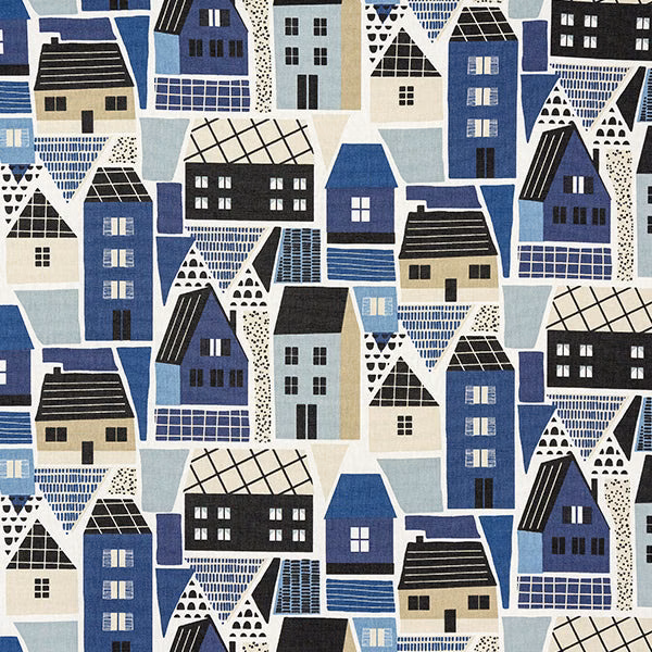 Blue and cream cotton swatch with repeating house motifs and roof patterns
