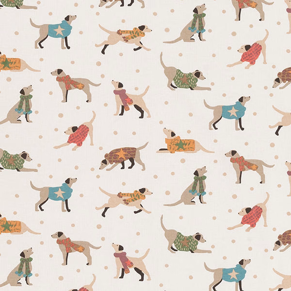 Scattered dog print on warm cream cotton ground with small polka dots