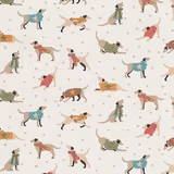 Scattered dog print on warm cream cotton ground with small polka dots