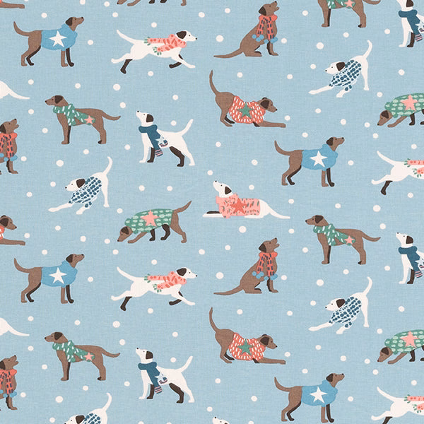 Seafoam blue cotton fabric with scattered illustrated dogs and white spots
