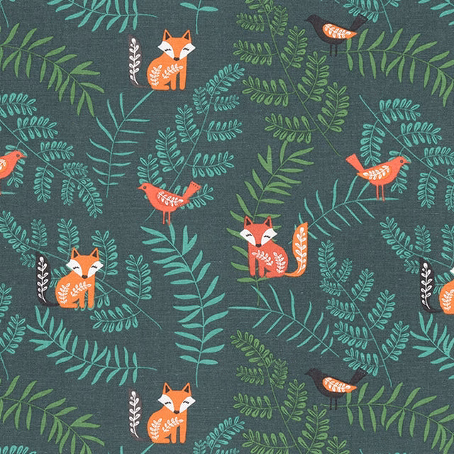 Botanical cotton print on dark teal ground with foxes, birds and leafy stems