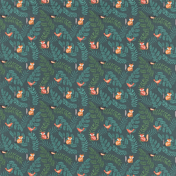 Dark jade cotton fabric with foxes, birds and fern sprigs