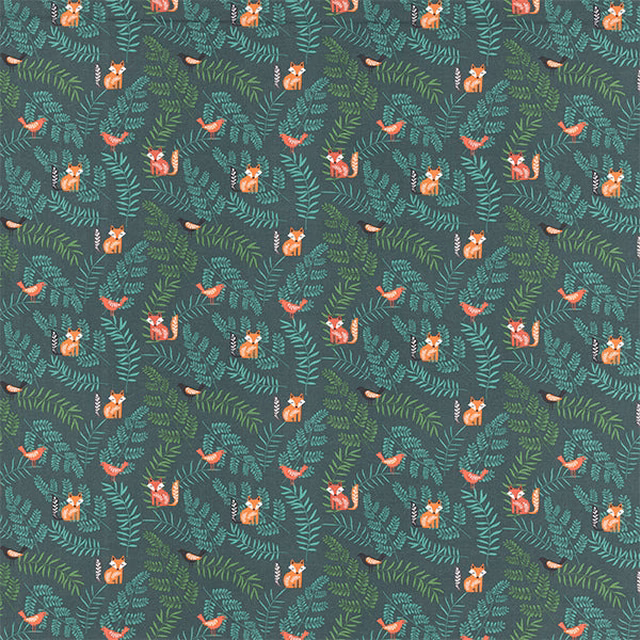 Dark jade cotton fabric with foxes, birds and fern sprigs