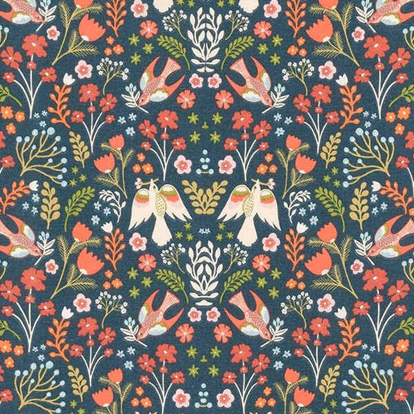 Repeat folk bird and floral print on deep teal cotton ground