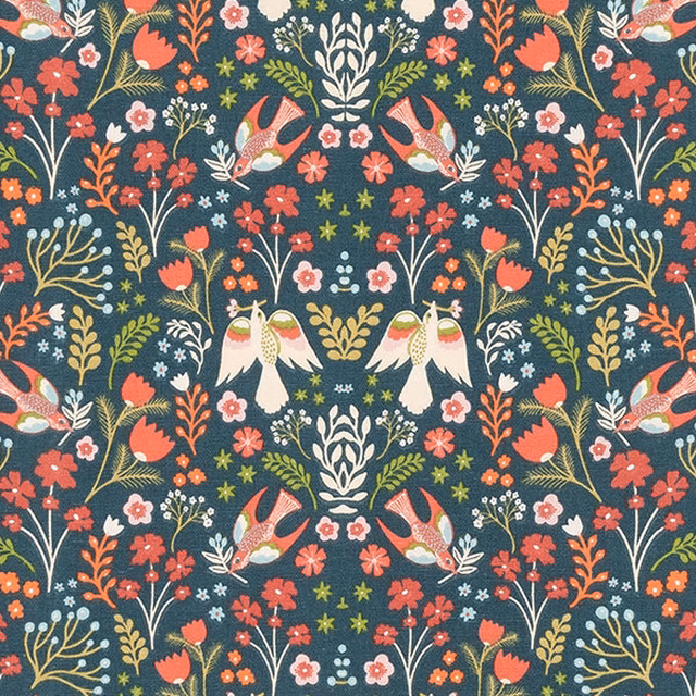 Repeat folk bird and floral print on deep teal cotton ground