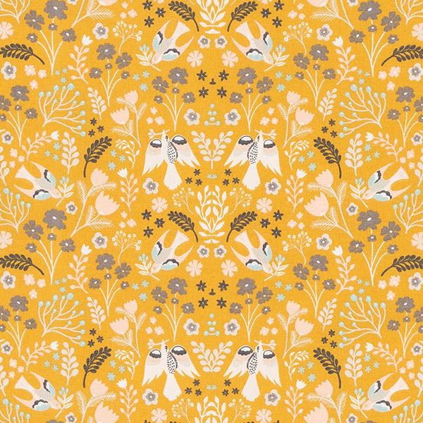 Ochre cotton fabric with folk birds, flowers and scrolling stems in cream and grey