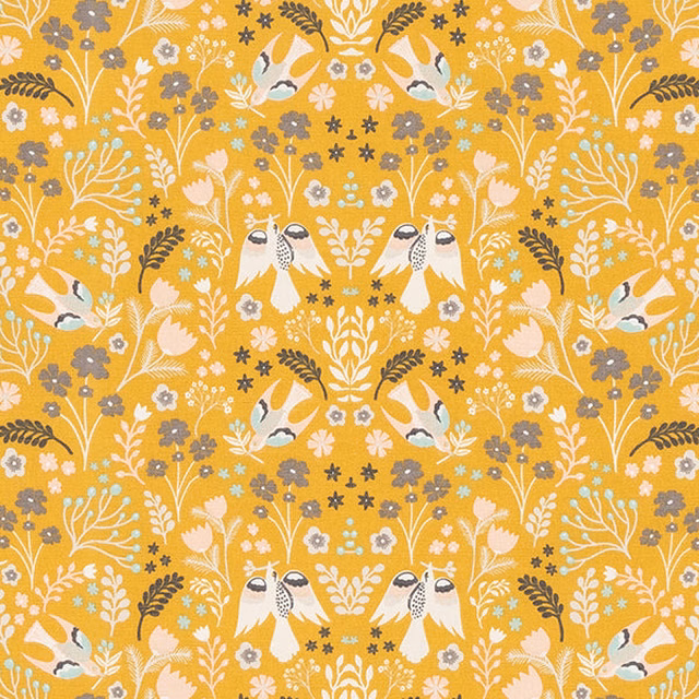 Ochre cotton fabric with folk birds, flowers and scrolling stems in cream and grey