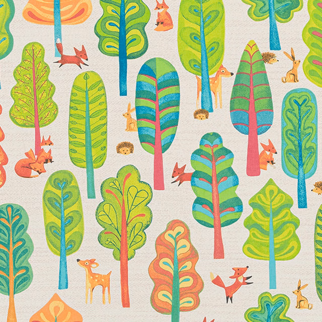 Colourful woodland print with stylised trees and small foxes on ivory cotton