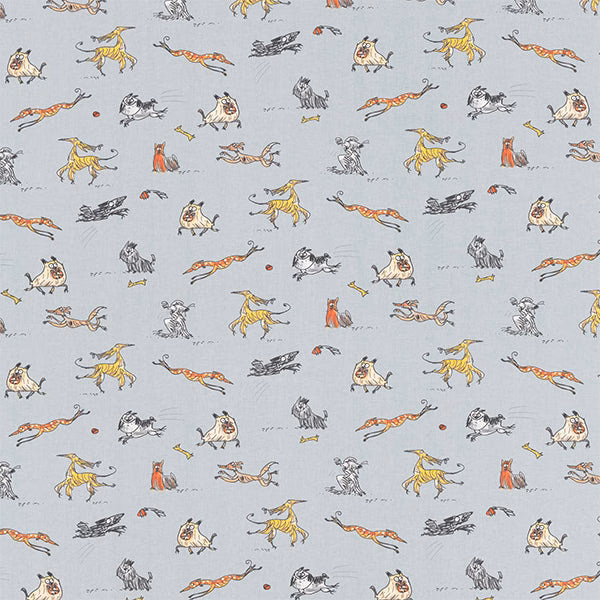 Light blue cotton fabric with scattered sketched dogs in cream, yellow, grey and orange