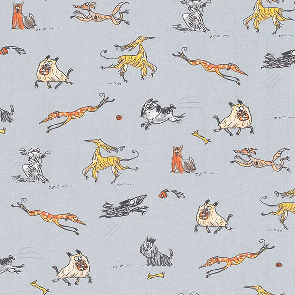 Pale blue cotton fabric with playful hand-drawn dogs in yellow, orange and black