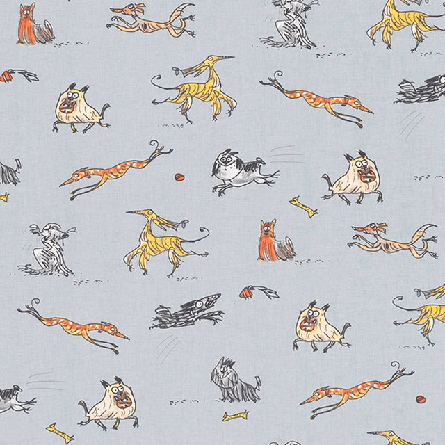 Pale blue cotton fabric with playful hand-drawn dogs in yellow, orange and black