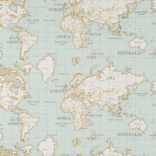 Pale duck-egg world map print with ivory landmasses and gold outlines