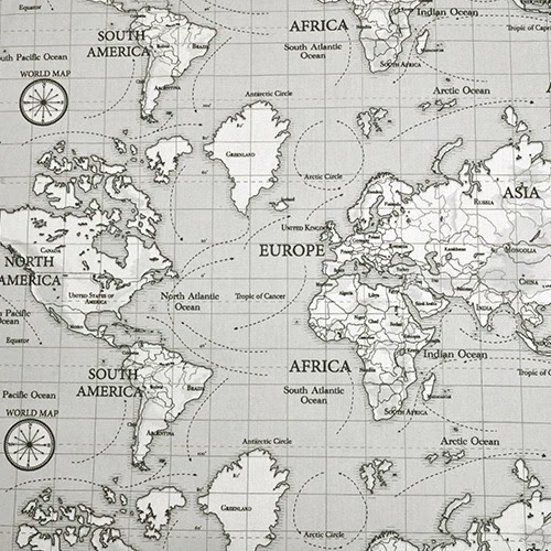 Grey world map print on pale cotton with fine black outlines and grid squares